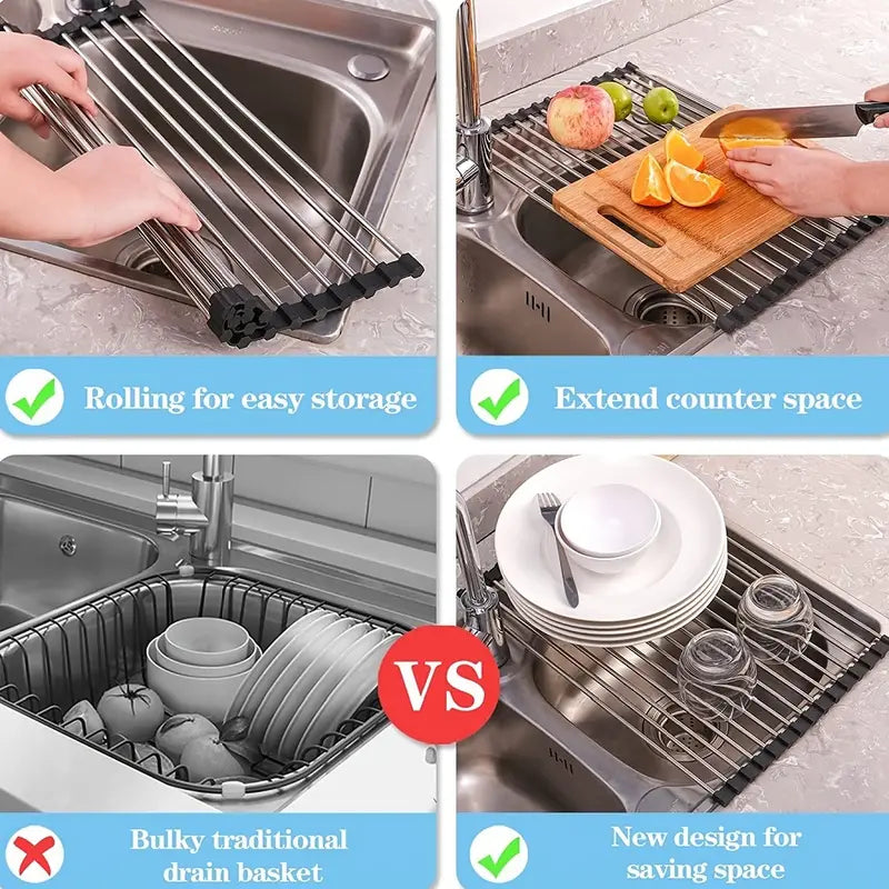 Rollable Stainless Steel Cutlery Drying Rack for Sink